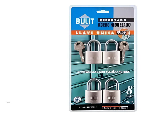 Pack 4 Candados Bulit 40 Mm Igual Llave Acero Niquelado