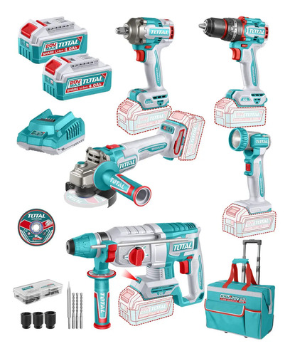 Kit Inalámbrico Total 20v: Percutor 66nm + Rotomartillo + Llave De Impacto 1/2'' + Amoladora 4.1/2''+ Foco - Con 2 Baterías 4.0ah + Cargador Rápido + Valija - Tckli20592