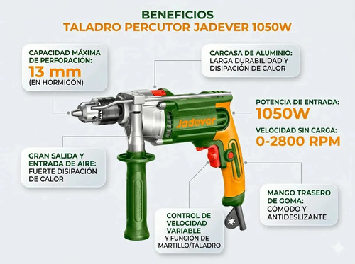 Taladro Jadever 1050w Jdmd151051 Color Verde Frecuencia 50/60 Hz - Imagen 5
