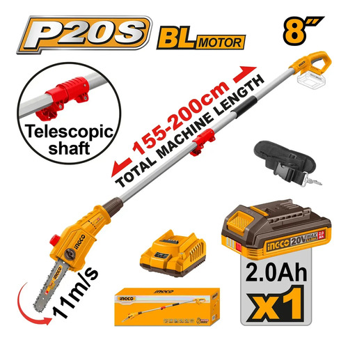 Motosierra Altura 20v 8 C Bat 2.0ah + Carg Ingco Psli20281 - Imagen 2