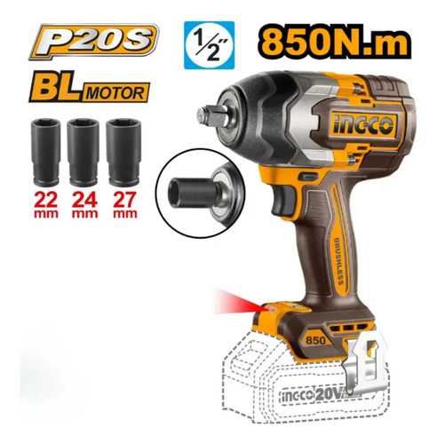 Llave De Impacto 850nm Sin Bateria Ingco Ciwli20851 Color Amarillo Frecuencia 50/60 - Imagen 4