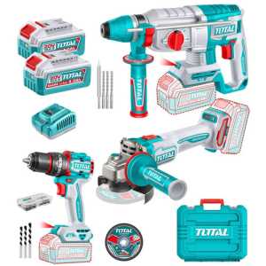 Kit Inalámbrico Total 20v Sin Carbones: Atornillador Percutor 66nm + Amoladora 4.1/2'' + Rotomartillo 2.5 J - Con 2 Baterías 4.0ah Litio-ion, Cargador 4a, Maletín Y Accesorios - Tckli202598
