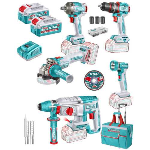 Kit Inalámbrico Total 20v: Percutor 66nm + Rotomartillo + Llave De Impacto 1/2'' + Amoladora 4.1/2''+ Foco - Con 2 Baterías 4.0ah + Cargador Rápido 4a + Valija - Tckli20595