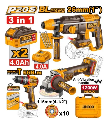 Combo 3 En 1 20v Rotomartillo Amoladora Atornillador Ingco - Imagen 2