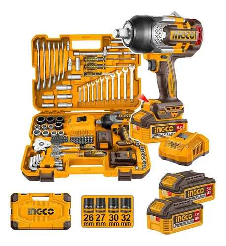 Llave De Impacto 3/4 Ingco 20v Bl 1350nm + 138 Accesorios
